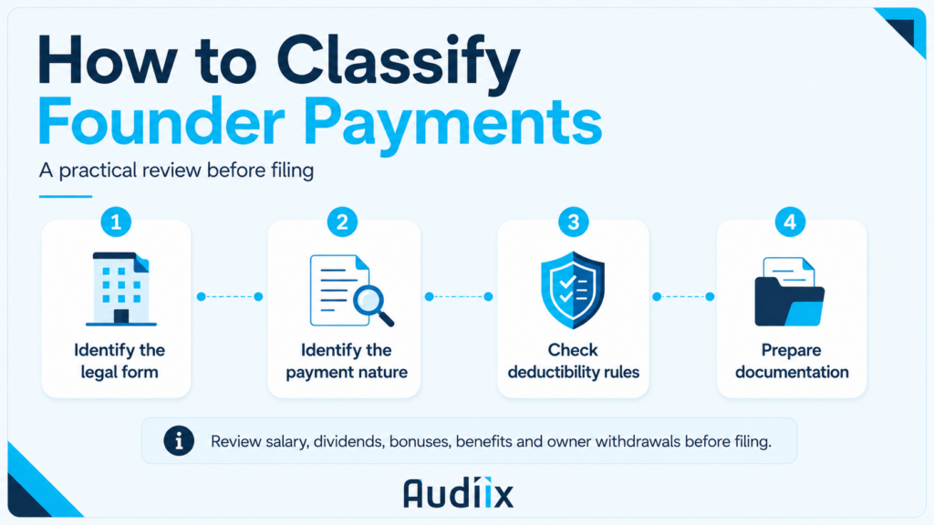 Four-step infographic on how to classify founder payments in the UAE, including legal form, payment nature, deductibility rules and documentation.