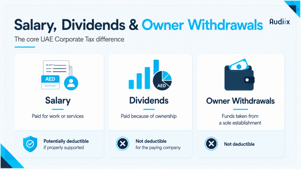 Salary, dividends and owner withdrawals under UAE Corporate Tax, showing salary as potentially deductible and dividends and owner withdrawals as not deductible.