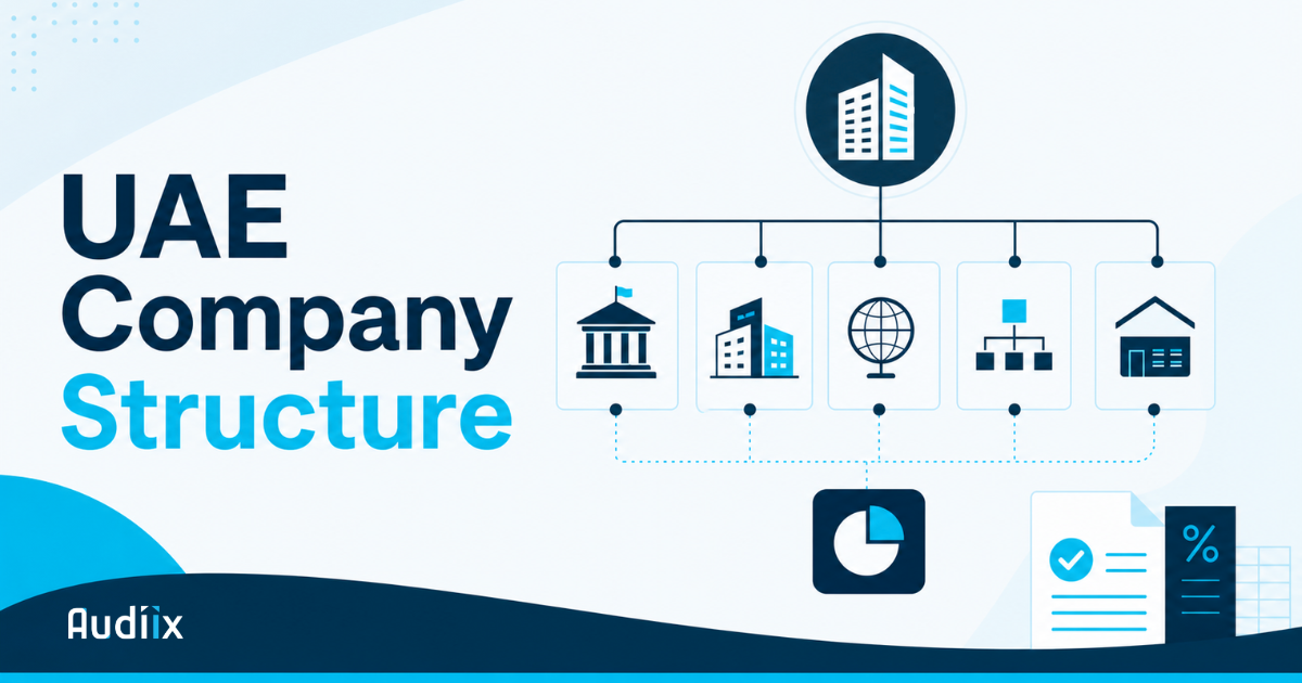 Feature image graphic illustration featuring "UAE Company Structure" title, with 6 icons that illustrate different business structures & licences.