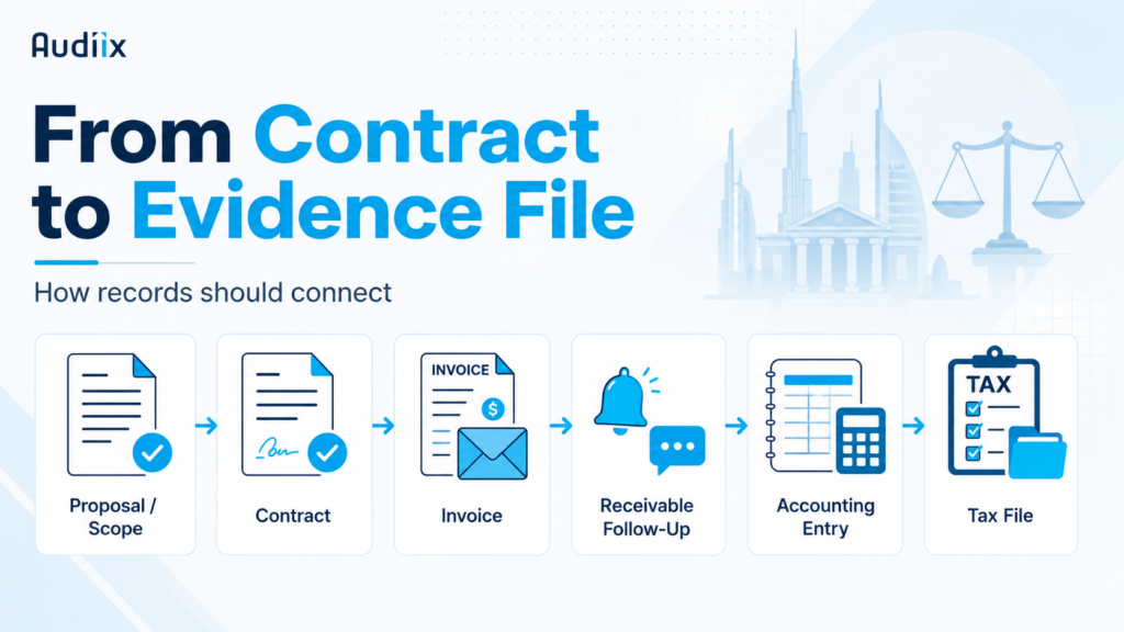 Flowchart showing how proposal scope, contracts, invoices, receivable follow-up, accounting entries and tax files should connect