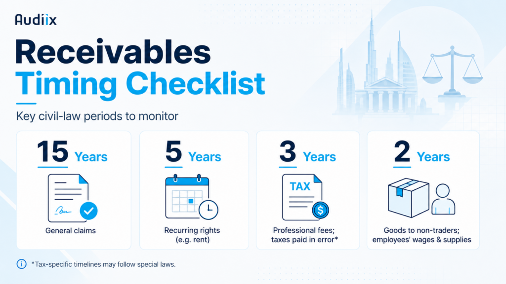 Receivables timing checklist showing 15-year, 5-year, 3-year and 2-year civil-law periods for UAE businesses